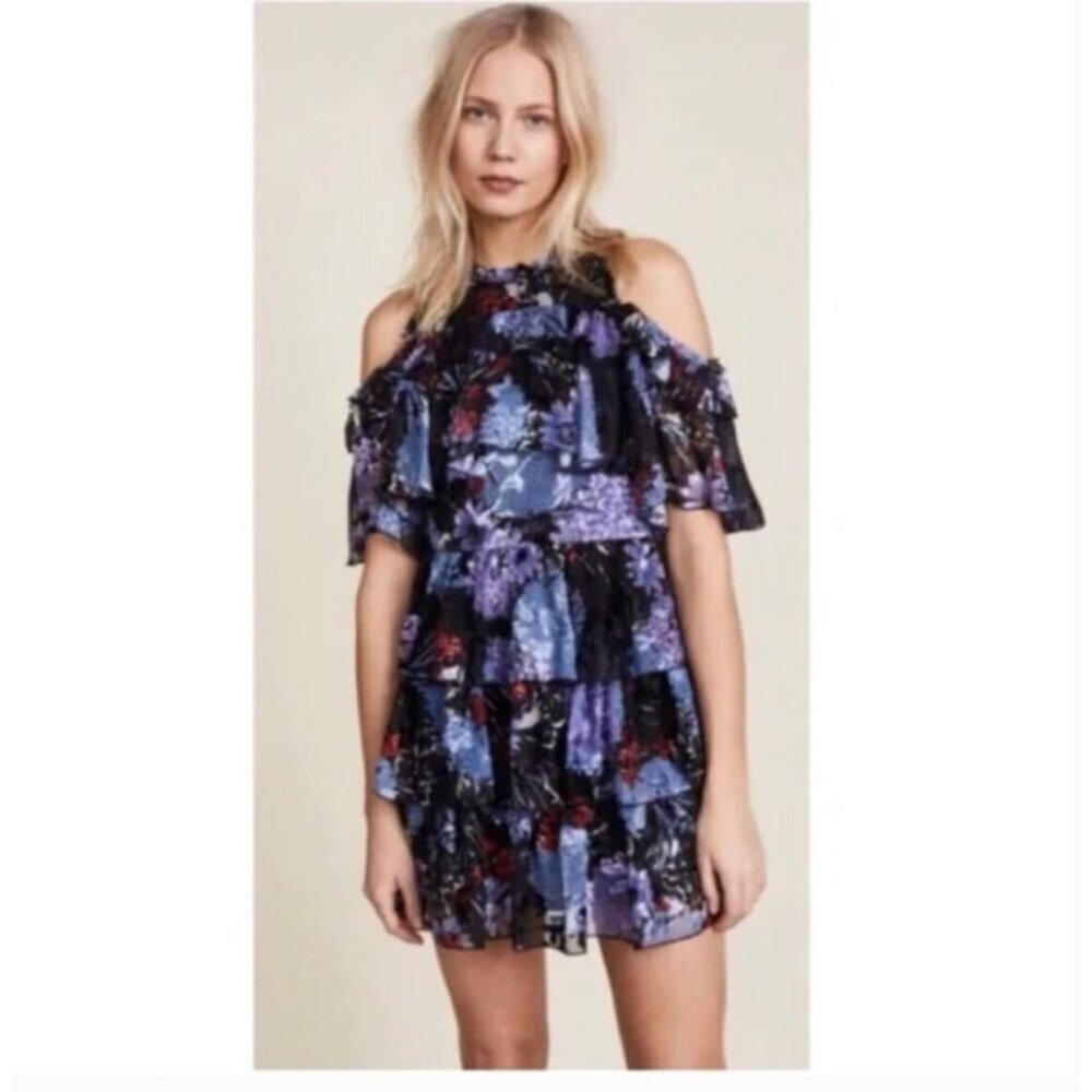 alice + olivia Nichola Dress Womens 8 Black Purple Floral Ruffle Tiered Cocktail